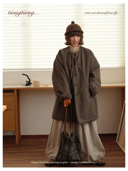 △裏地はたっぷりボアで暖か ドロップショルダーゆったり  ノーカラーコート△