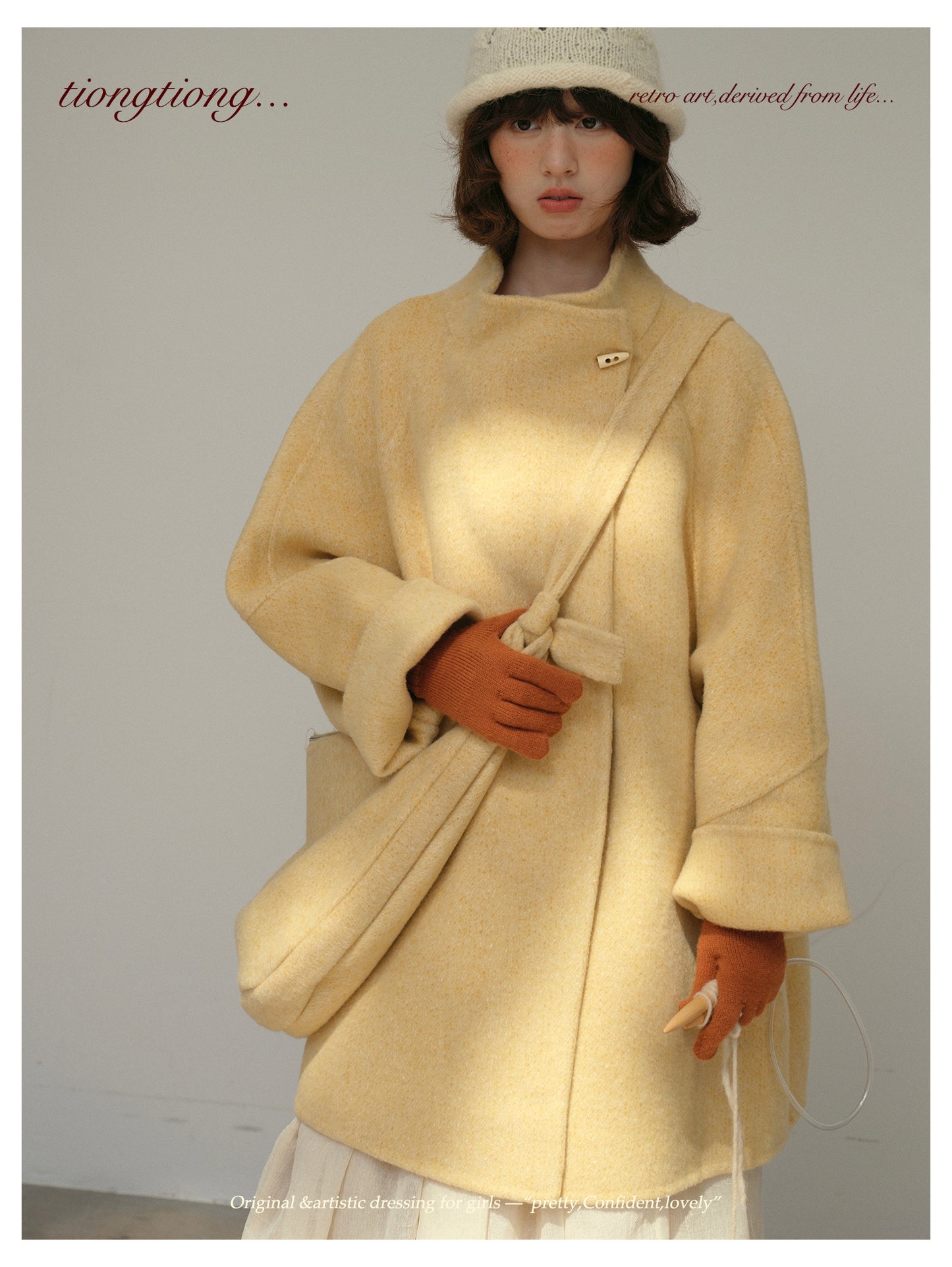 3色展開◇ダブルフェイス ウール×キャメルウールで暖かドロップショルダーゆったりコート◇バッグ付き