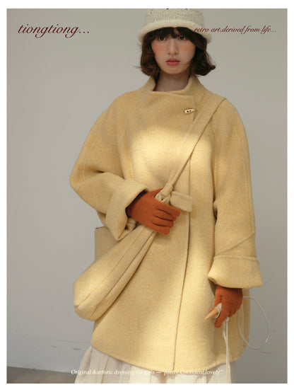 3色展開◇ダブルフェイス ウール×キャメルウールで暖かドロップショルダーゆったりコート◇バッグ付き