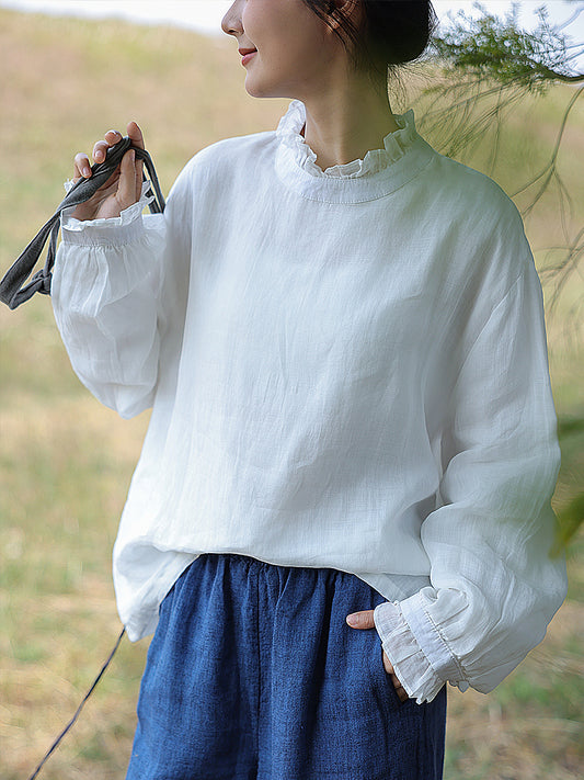 2色展開◇フリルネックが上品に◇ラミー プルオーバーシャツ◇