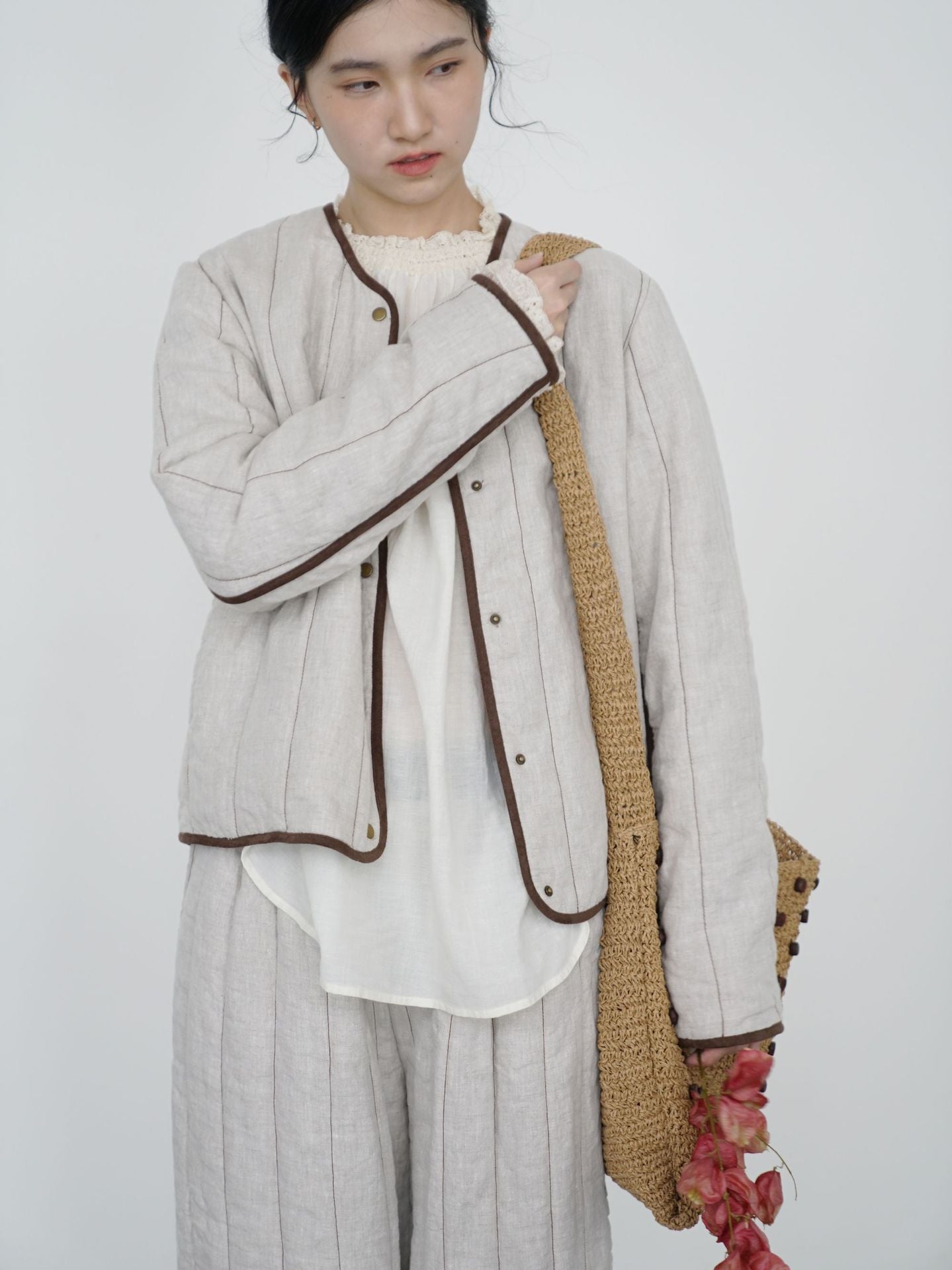 ◇軽量  暖か リネン ノーカラー スナップボタンジャケット◇