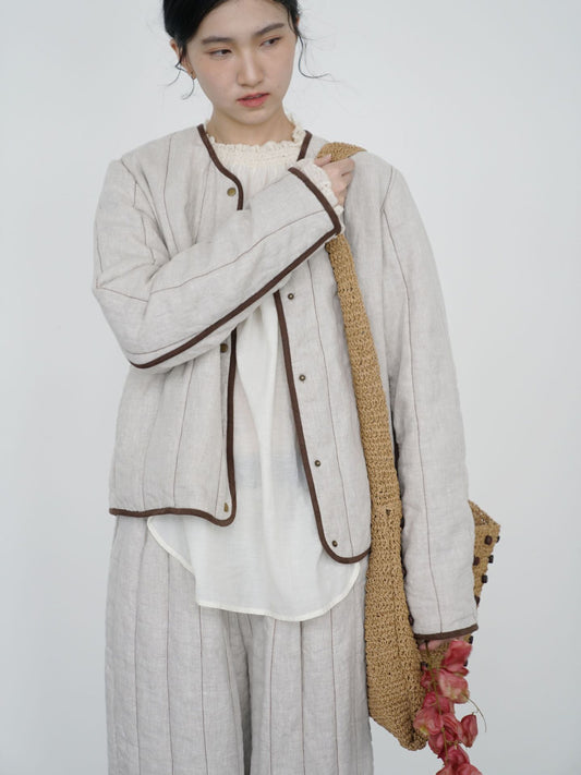 ◇軽量  暖か リネン ノーカラー スナップボタンジャケット◇