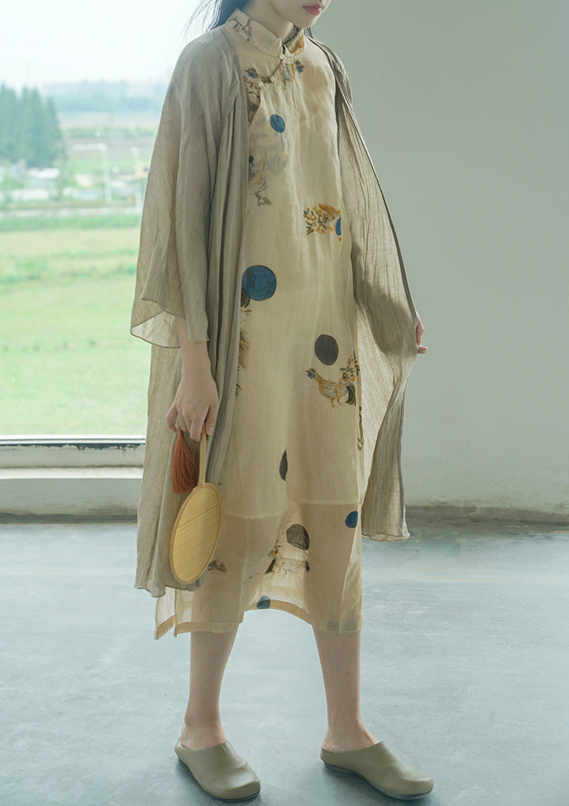 ◇水彩プリントが美しい ノーカラー ラミー フレンチスリーブ ワンピース◇