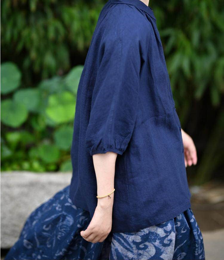 ◇小ぶりな襟が可愛い◇ゆったりシルエット リネン半袖シャツ◇