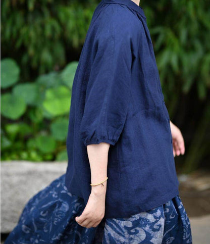 ◇小ぶりな襟が可愛い◇ゆったりシルエット リネン半袖シャツ◇