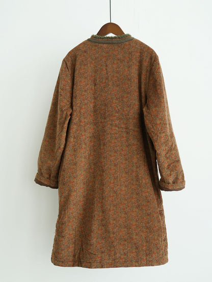 小ぶりなフラワープリントが可愛い◇中綿コーデュロイ ボア装飾 オリエンタルコート◇