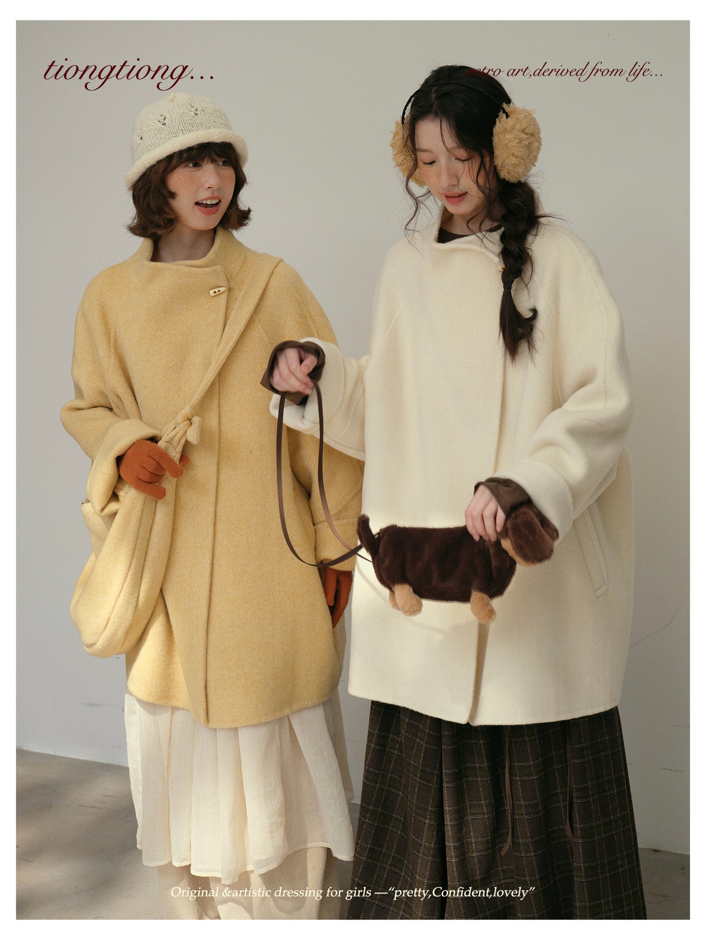 3色展開◇ダブルフェイス ウール×キャメルウールで暖かドロップショルダーゆったりコート◇バッグ付き