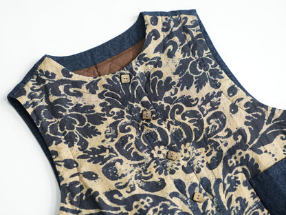 ✩バティック柄 ボタニックプリント リネン 切り替え中綿ベスト☆