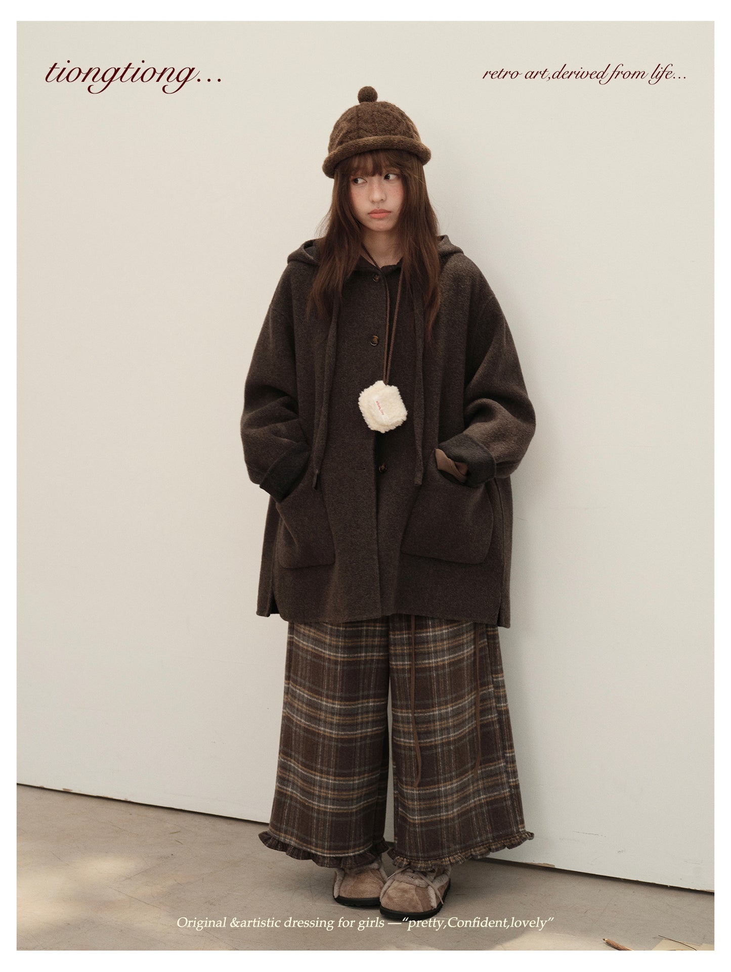 3色展開◇ダブルフェイス カシミア×メリノウールで暖かドロップショルダーゆったり フーディーコート◇