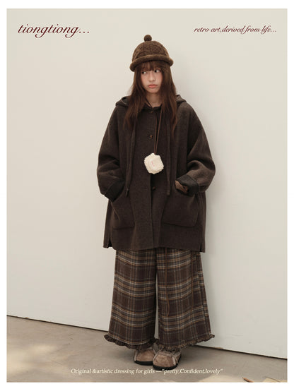 3色展開◇ダブルフェイス カシミア×メリノウールで暖かドロップショルダーゆったり フーディーコート◇