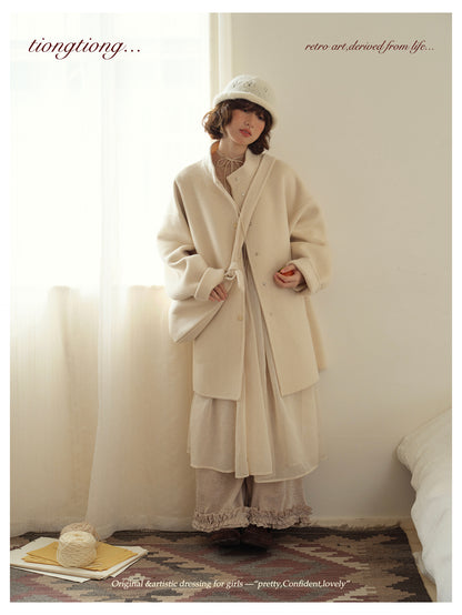 ２色展開△ダブルフェイスウール×キャメルで暖か ドロップショルダーゆったり  スタンドカラーコート△バッグ付き