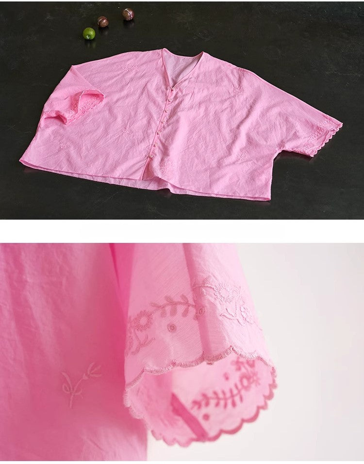 同色の刺繍が程良いポイントに◇ドルマンスリーブ ラミー Vネックシャツ◇