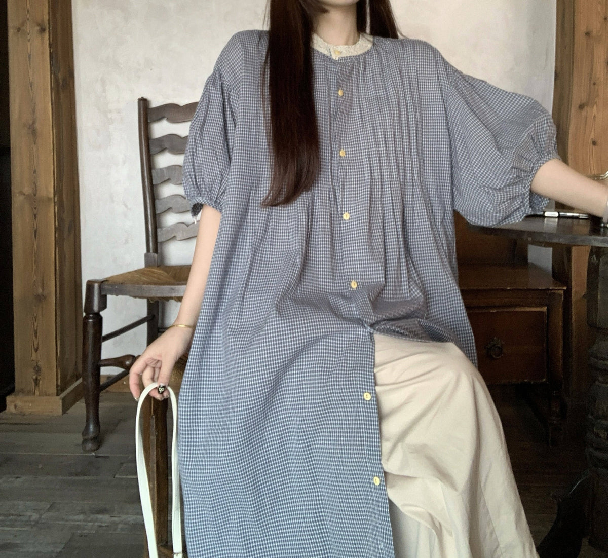 ☆ゆったりシルエット パフスリーブ ギンガムチェック ワンピース☆S～XLサイズ
