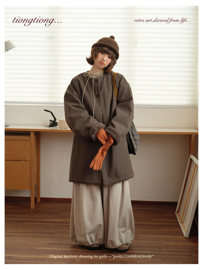 △裏地はたっぷりボアで暖か ドロップショルダーゆったり  ノーカラーコート△