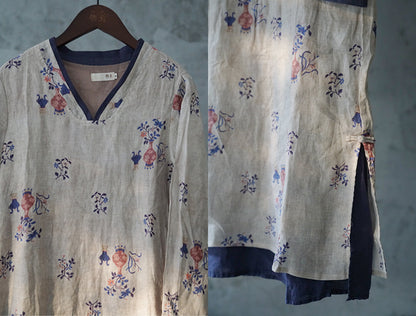 ◇可愛いボタニックプリント◇リネンワンピースドレス◇