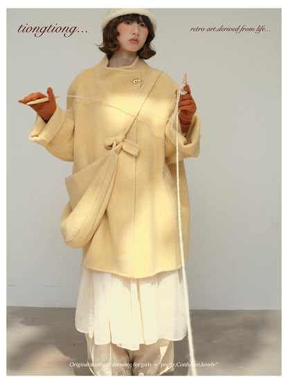 3色展開◇ダブルフェイス ウール×キャメルウールで暖かドロップショルダーゆったりコート◇バッグ付き