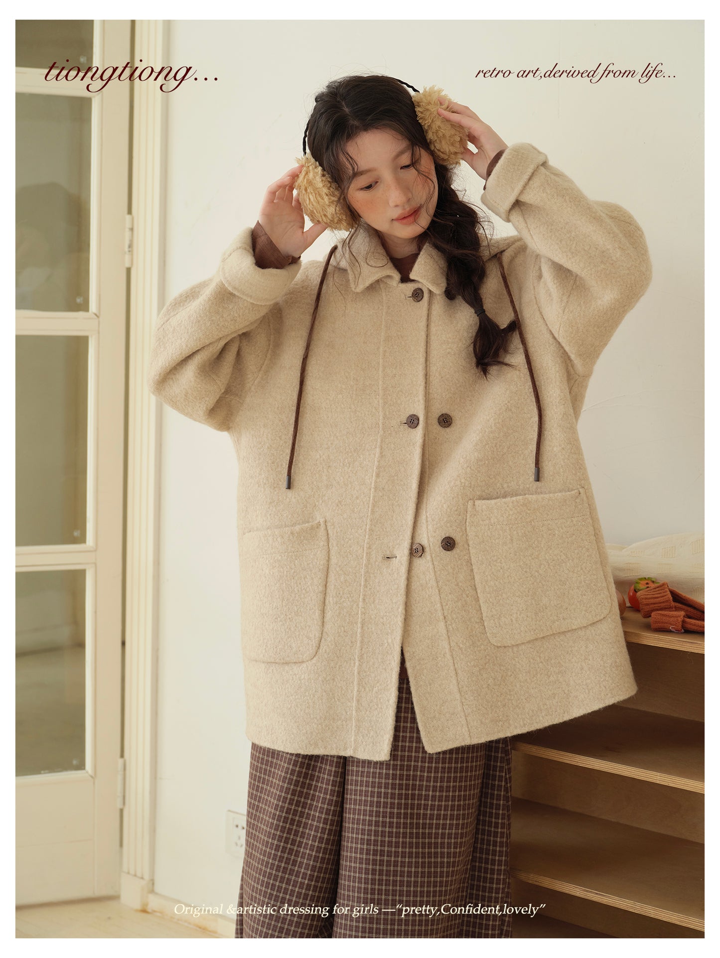 ２色展開◇ダブルフェイスウールで暖かドロップショルダーゆったり ショートコート◇