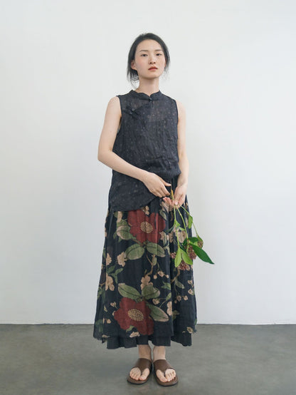 ◇鮮やかなフラワープリントが美しい◇風通し良く夏にピッタリ◇リネン Aラインスカート◇