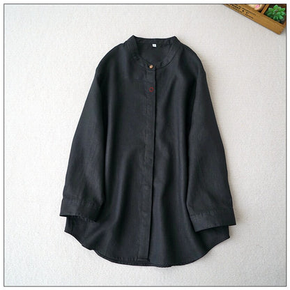 4色展開☆ゆったりシルエットリネン ステッチデザイン バンドカラーシャツ☆ M/L/XL