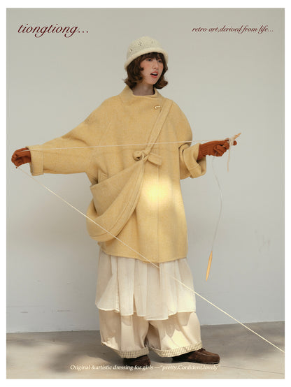 3色展開◇ダブルフェイス ウール×キャメルウールで暖かドロップショルダーゆったりコート◇バッグ付き