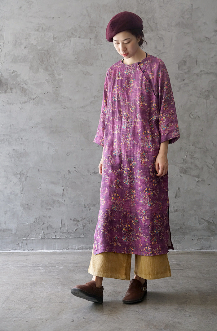 ◆フラワープリント リネン オリエンタルデザイン ワンピース◆