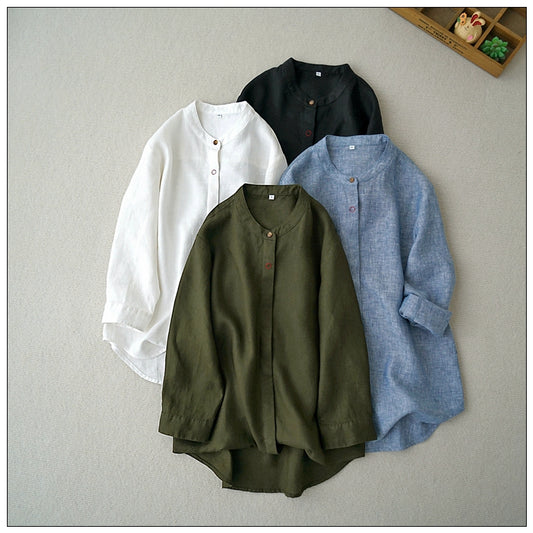 ４色展開☆１ポイント刺繍がアクセントに✩リネンバンドカラー長袖 比翼シャツ☆M/L/XLサイズ