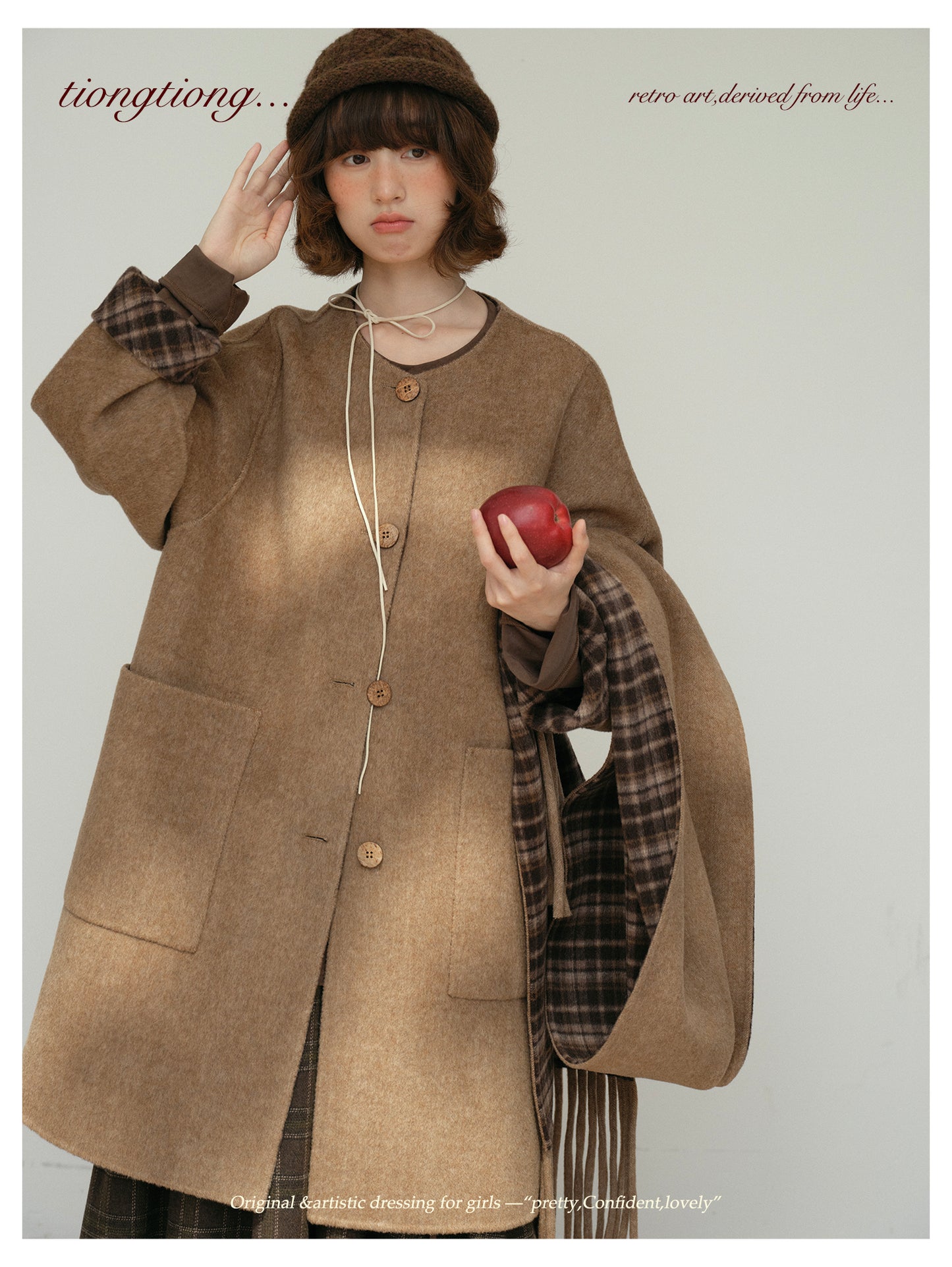 △リバーシブル ダブルフェイスウールで暖か ゆったり  ノーカラーコート△