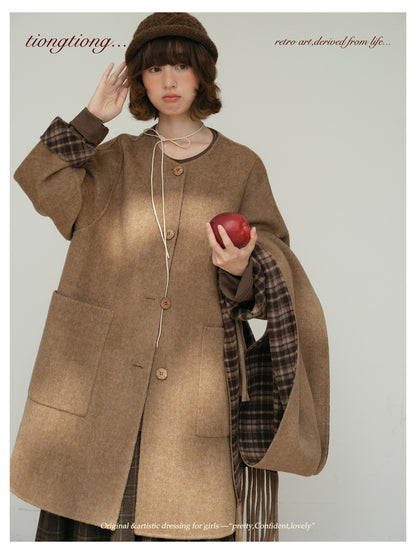 △リバーシブル ダブルフェイスウールで暖か ゆったり  ノーカラーコート△