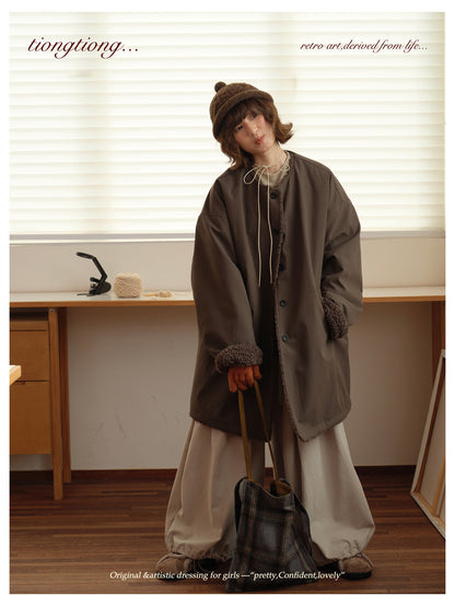 △裏地はたっぷりボアで暖か ドロップショルダーゆったり  ノーカラーコート△