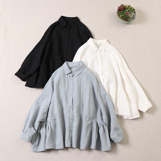 ◇3色展開◇ウエストギャザーリネン シャツ◇