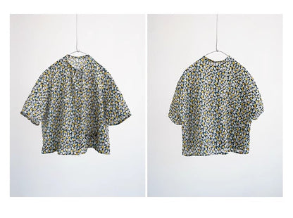 ◇小花柄で品のあるゆったりシルエット ドロップショルダーコットン5分丈シャツ◇M/Lサイズ