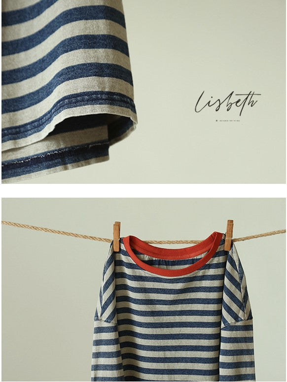 ◇赤のリンガーネックがポイントに◇100％コットン長袖ボーダーTシャツ▽