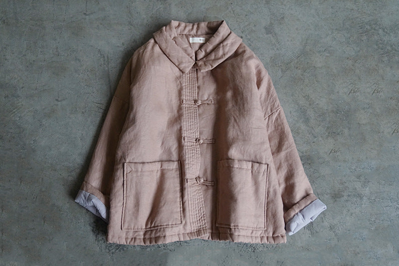 3色展開◇100%リネン ドロップショルダー 中綿オリエンタルカバーオールジャケット◇