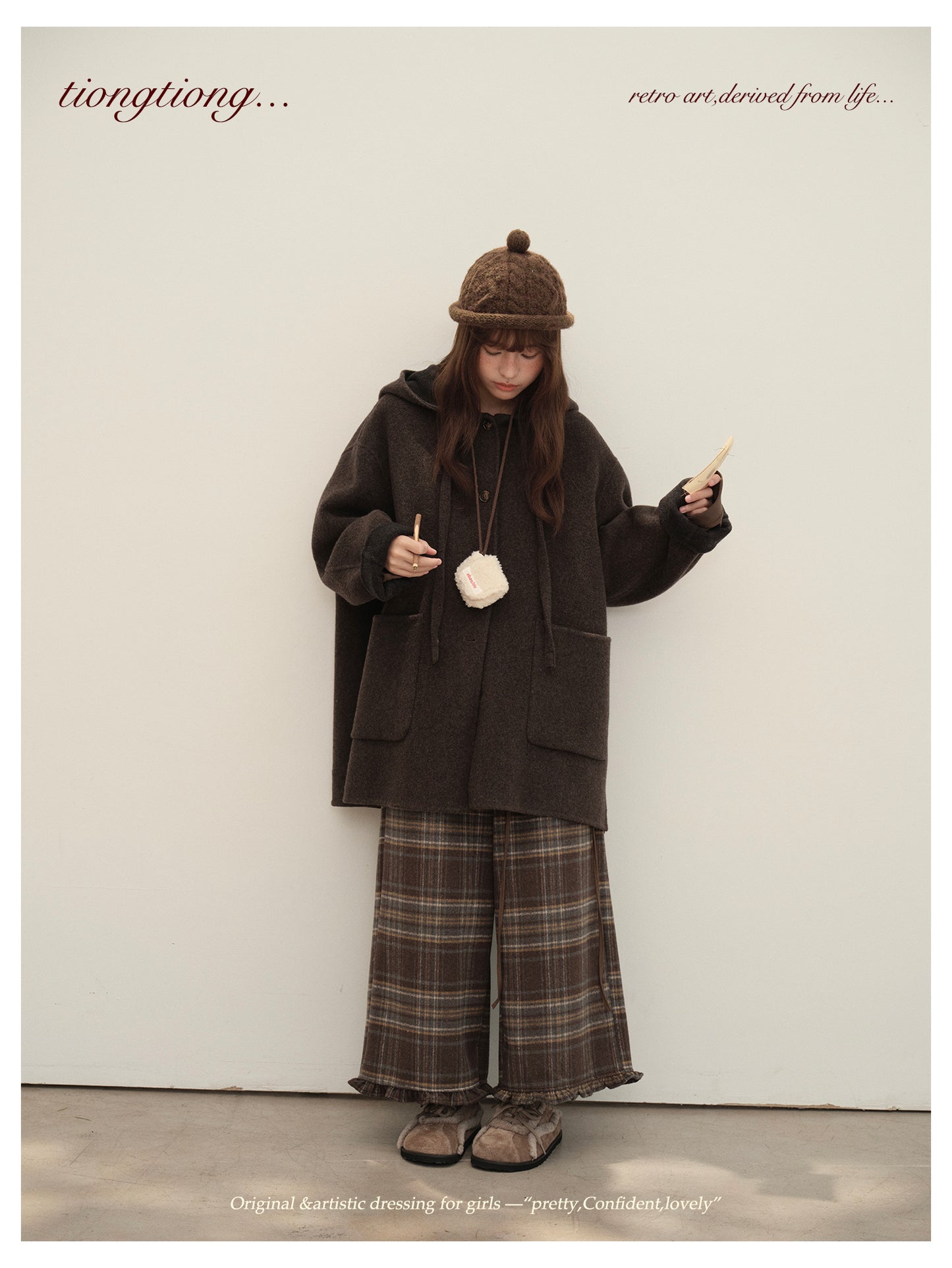 3色展開◇ダブルフェイス カシミア×メリノウールで暖かドロップショルダーゆったり フーディーコート◇