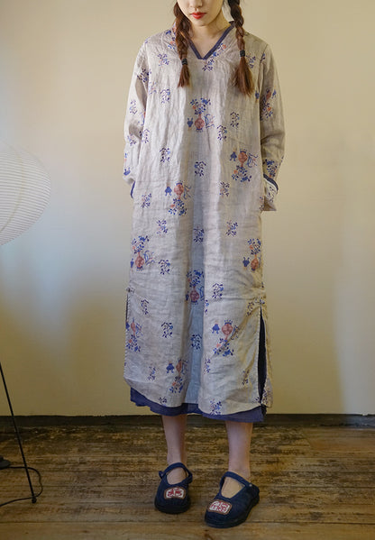 ◇可愛いボタニックプリント◇リネンワンピースドレス◇
