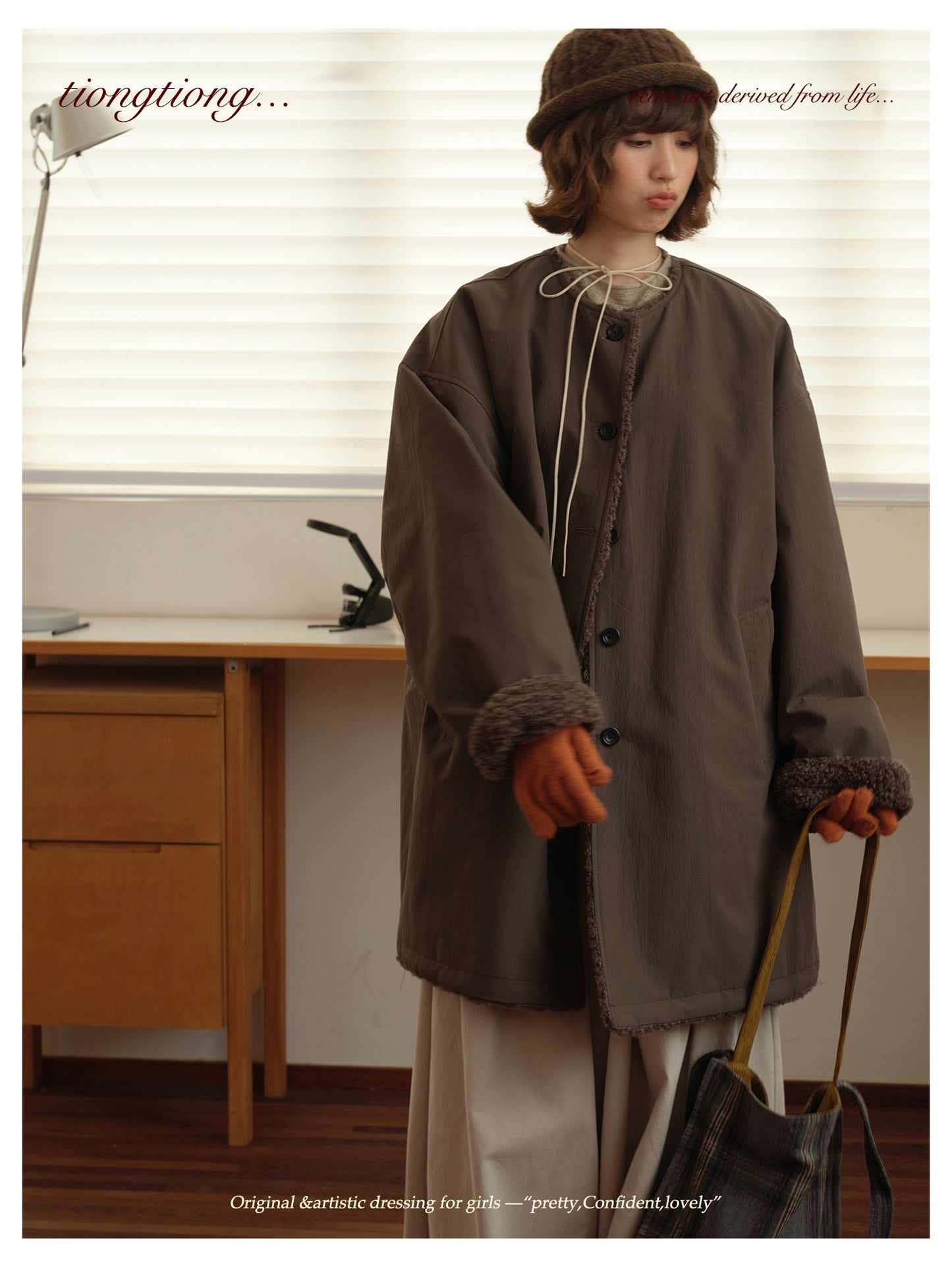 △裏地はたっぷりボアで暖か ドロップショルダーゆったり  ノーカラーコート△