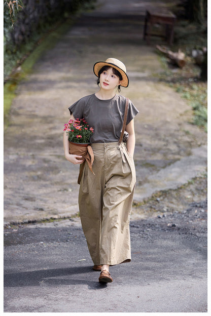 ◇コットン  サスペンダー付きフルレングスワイド イージーパンツ◇S/M/L