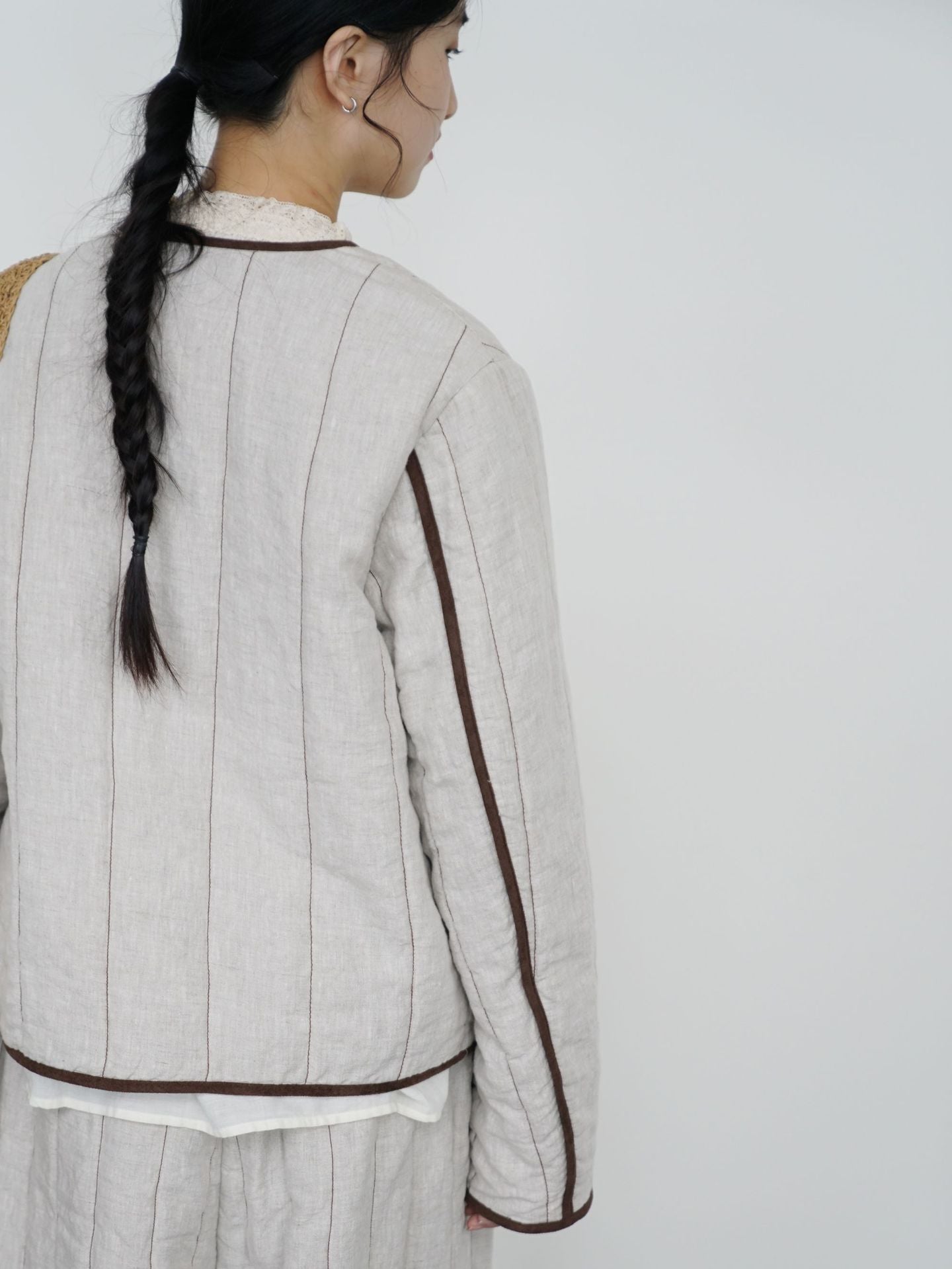 ◇軽量  暖か リネン ノーカラー スナップボタンジャケット◇