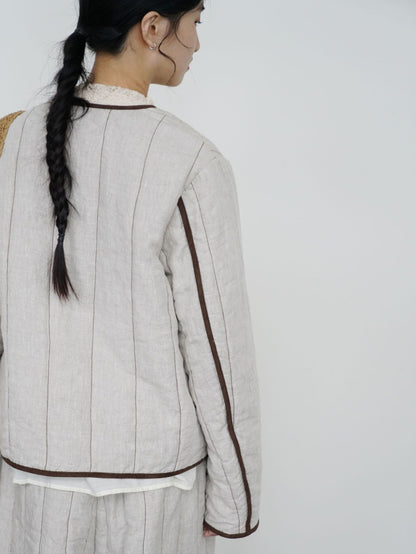 ◇軽量  暖か リネン ノーカラー スナップボタンジャケット◇