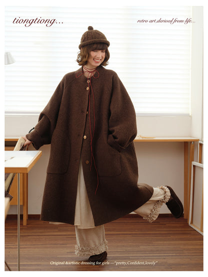 ◇ダブルフェイスウールで暖か ラグランスリーブゆったり コート◇