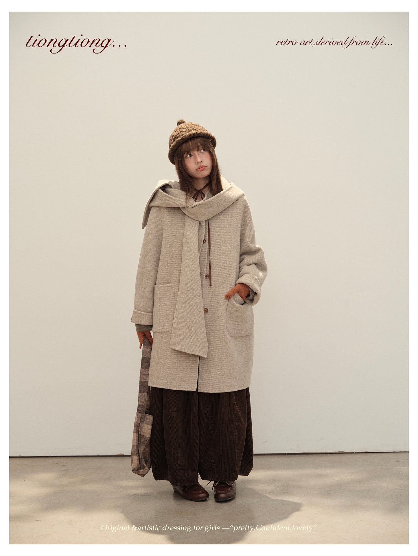 △ダブルフェイスメリノウールで暖か ドルマンスリーブゆったり  ノーカラーコート△マフラー付き