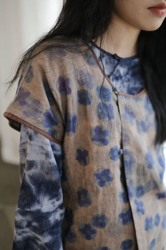 絶妙な色味のボタニックプリント☆ラミー100％で風通し良く夏にピッタリ フレンチスリーブ シャツ☆