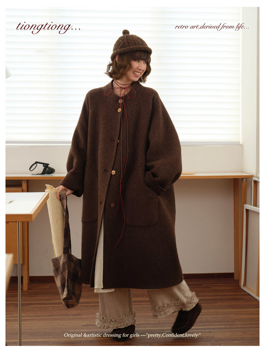 ◇ダブルフェイスウールで暖か ラグランスリーブゆったり コート◇