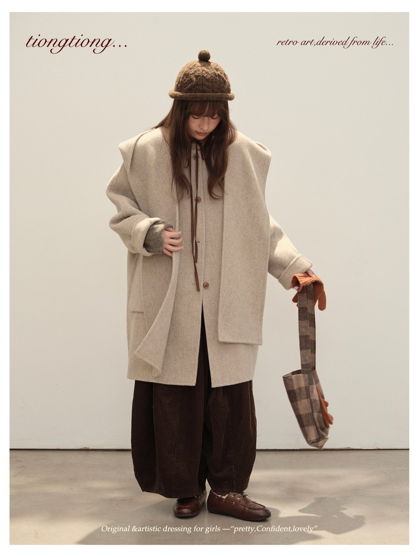 △ダブルフェイスメリノウールで暖か ドルマンスリーブゆったり  ノーカラーコート△マフラー付き