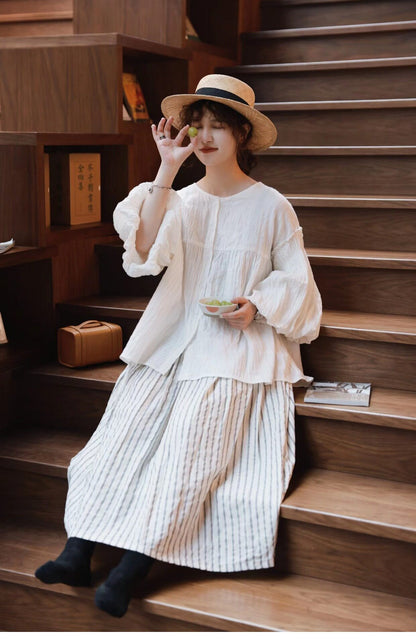 ☆たっぷりギャザー使いでふんわりシルエット☆ドロップショルダー コットンガーゼシャツ☆