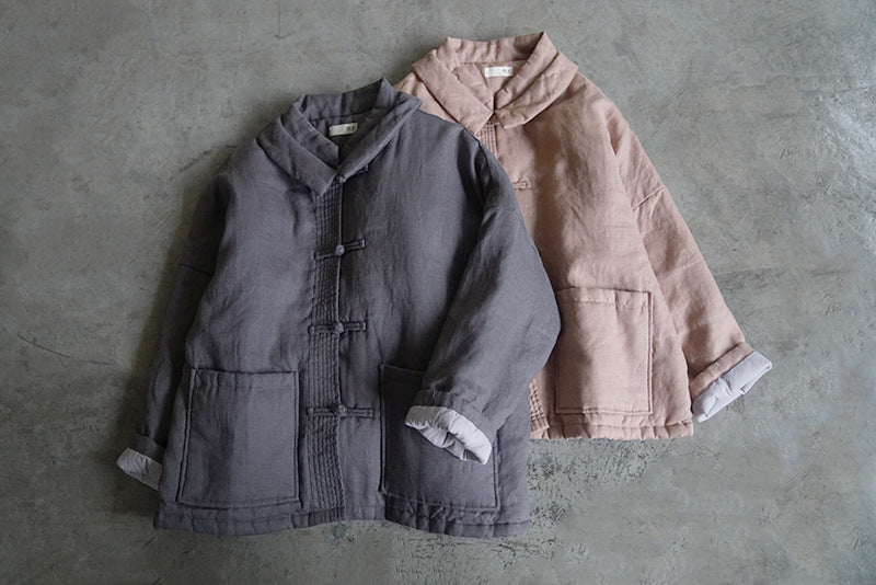 3色展開◇100%リネン ドロップショルダー 中綿オリエンタルカバーオールジャケット◇
