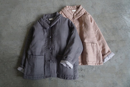 3色展開◇100%リネン ドロップショルダー 中綿オリエンタルカバーオールジャケット◇