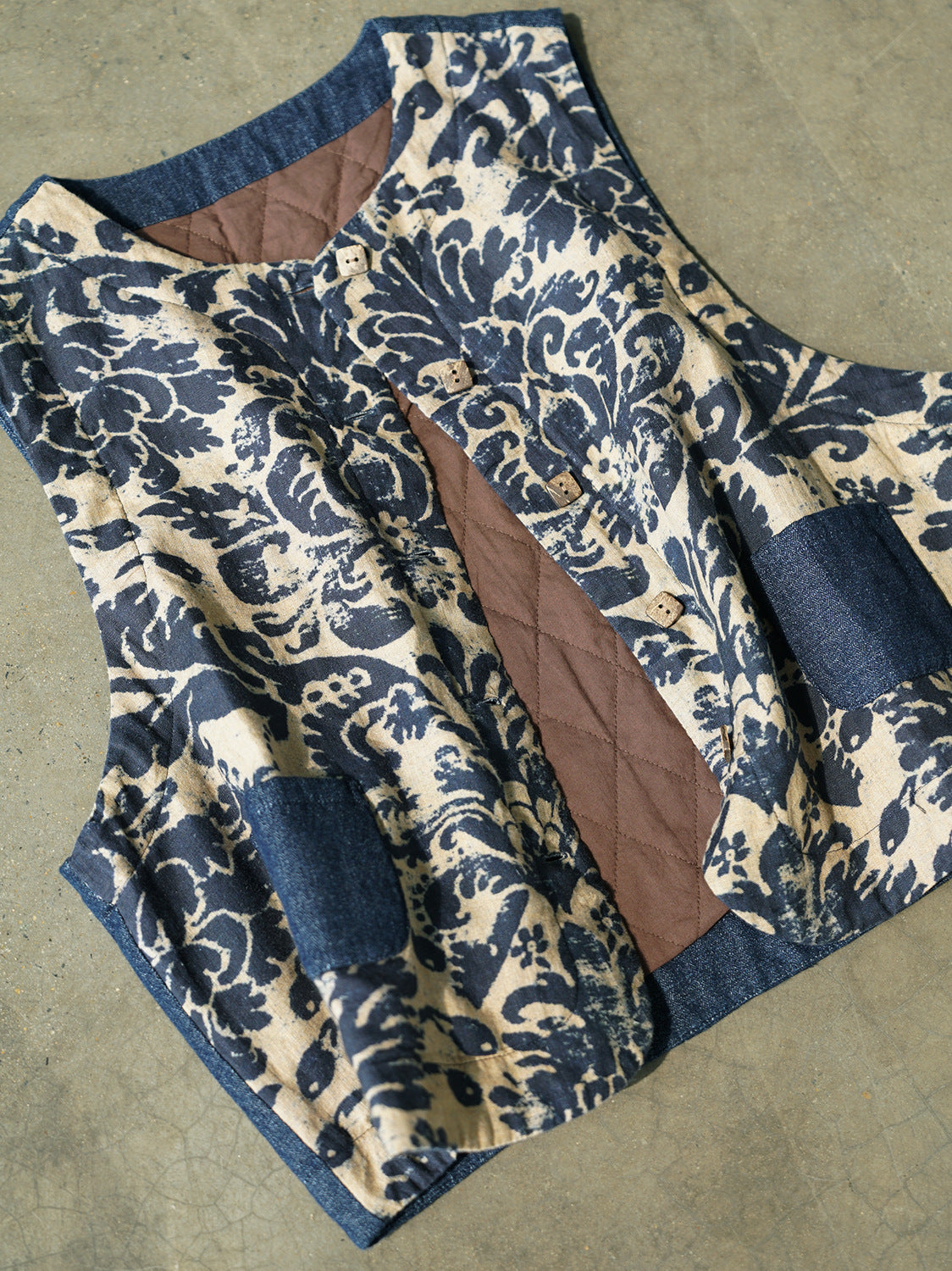 ✩バティック柄 ボタニックプリント リネン 切り替え中綿ベスト☆