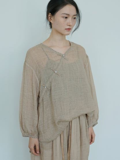 3色展開◇レースパイピングが良いアクセントに◇ラミープオリエンタルシャツ◇
