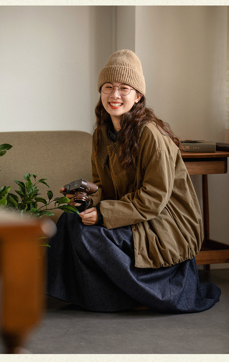 取り外し可能な衿付きで2WAYスタイル◇うっすら中綿入り◇コットン ドロップショルダーパフブルゾンジャケット△裏地付き S/Mサイズ